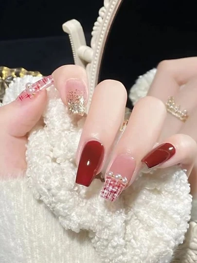 Elevate Your Style With 24pcs Long Coffin Red Glitter Plaid 3D Faux Pearl Decor Fake Nail & 1sheet Tape & 1pc Nail File Press On Nails Nail Supplies