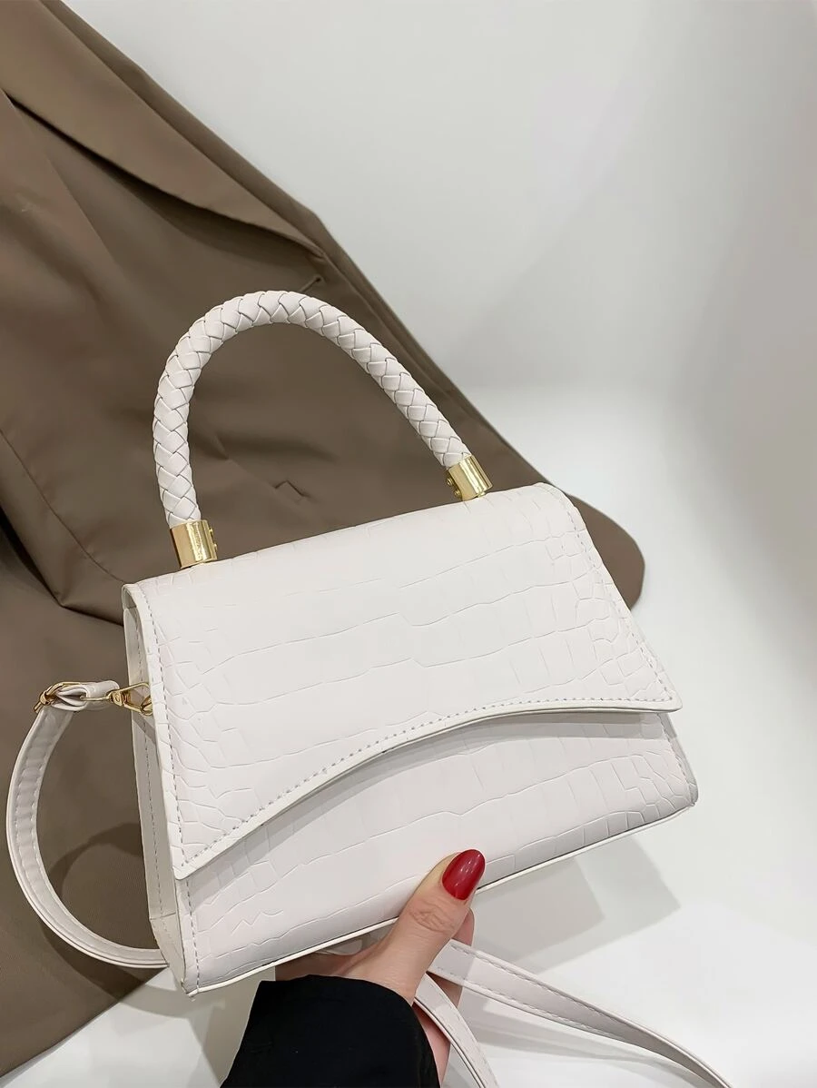 鱷魚壓紋編織細節翻蓋方包 - 白色 - 查看 1