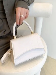 鱷魚壓紋編織細節翻蓋方包 - 白色 - 查看 5