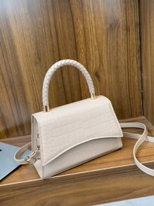 鱷魚壓紋編織細節翻蓋方包 - 白色 - 查看 6