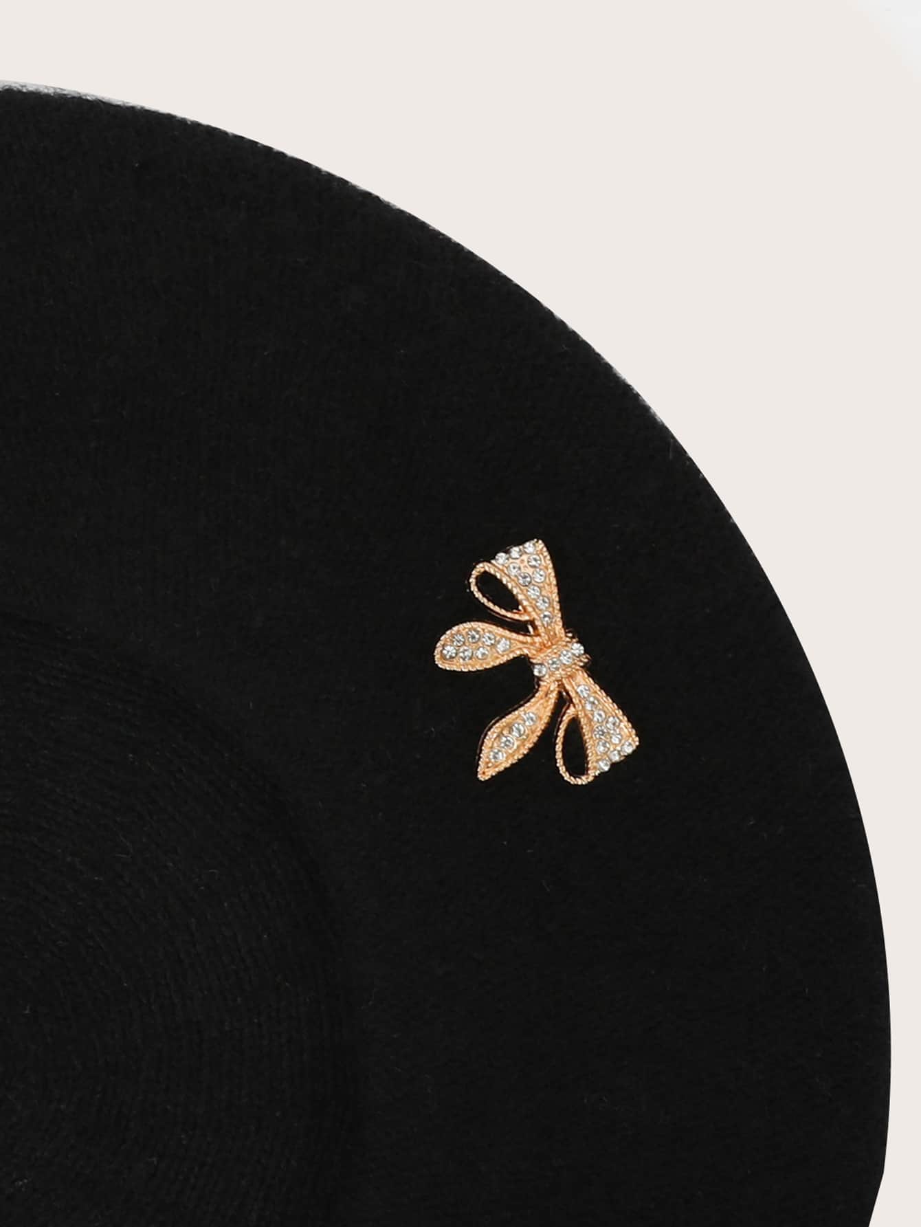 Cute Rhinestone Bow Decor Beret - Black - View 2