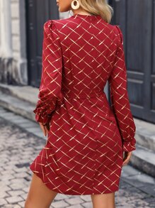 SHEIN LUNE Gold Argyle Print Flounce Sleeve Zip Back Belted Dress - Burgundy - View 2