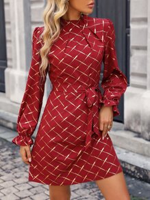 SHEIN LUNE Gold Argyle Print Flounce Sleeve Zip Back Belted Dress - Burgundy - View 5