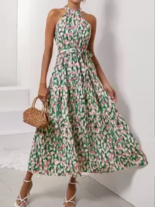 SHEIN VCAY Đầm Thắt lưng Viên lá sen Tất cả trên in Giải trí - Nhiều màu - Xem 1