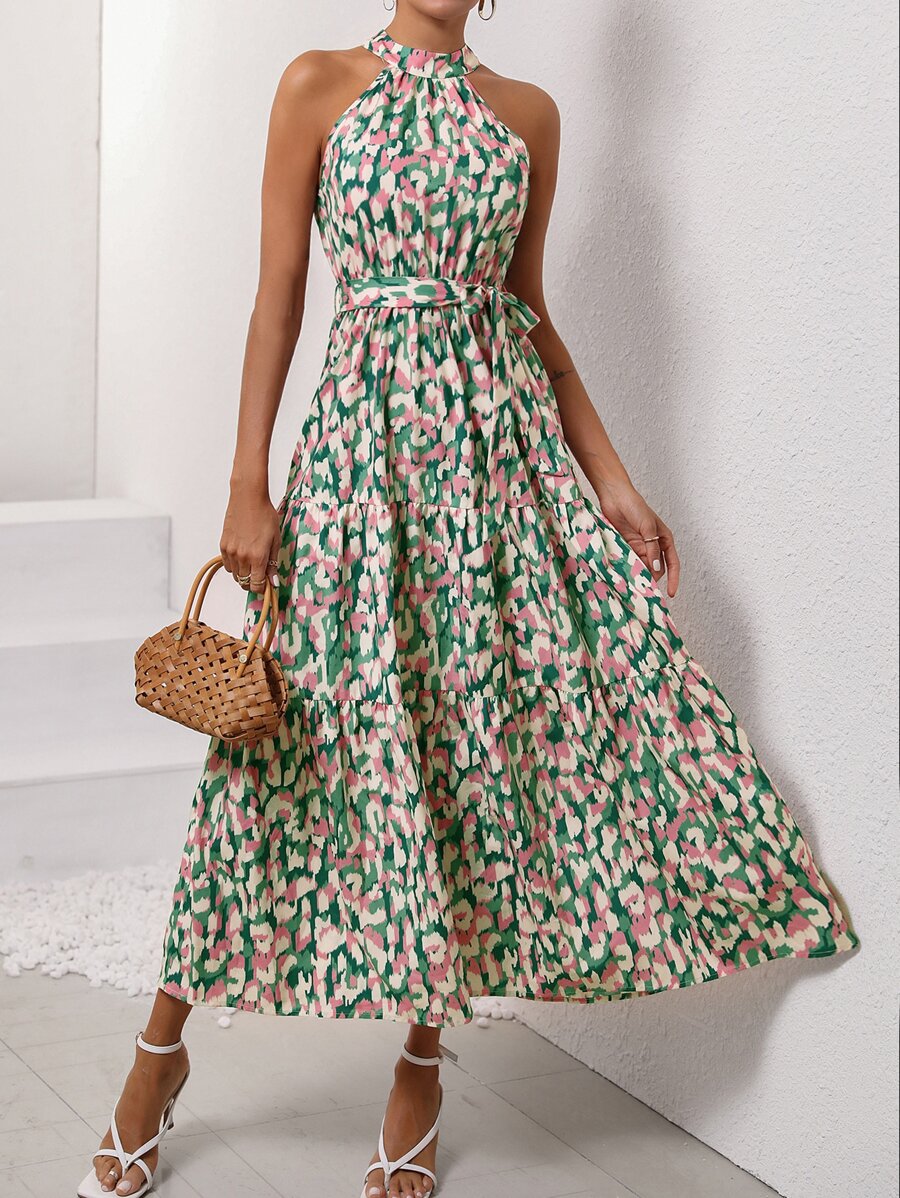 SHEIN VCAY Đầm Thắt lưng Viên lá sen Tất cả trên in Giải trí - Nhiều màu - Xem 1