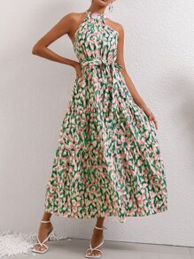 SHEIN VCAY Đầm Thắt lưng Viên lá sen Tất cả trên in Giải trí - Nhiều màu - Xem 3