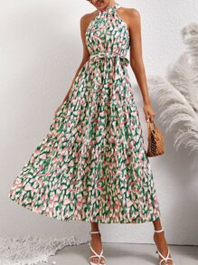 SHEIN VCAY Đầm Thắt lưng Viên lá sen Tất cả trên in Giải trí - Nhiều màu - Xem 4