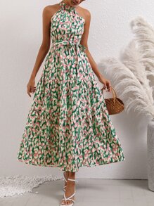 SHEIN VCAY Đầm Thắt lưng Viên lá sen Tất cả trên in Giải trí - Nhiều màu - Xem 5