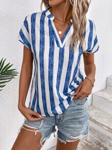 SHEIN LUNE Striped Notched Neck Batwing Sleeve Blouse - Blue - View 1