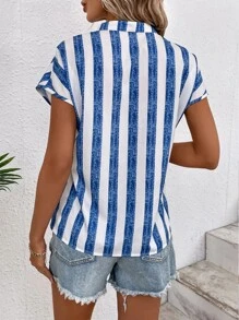 SHEIN LUNE Striped Notched Neck Batwing Sleeve Blouse - Blue - View 2