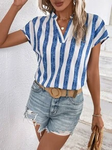 SHEIN LUNE Striped Notched Neck Batwing Sleeve Blouse - Blue - View 7