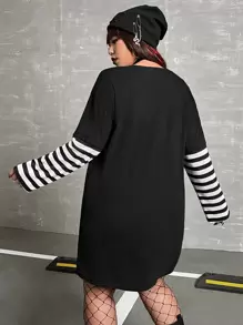 ROMWE PUNK Plus Skeleton & Butterfly Print Drop Shoulder Tee Dress - Black - View 2