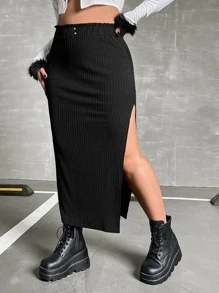 SHEIN ICON Váy Plus Size Nút Tách cao màu trơn Giải trí - màu đen - Xem 1