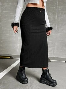 SHEIN ICON Váy Plus Size Nút Tách cao màu trơn Giải trí - màu đen - Xem 4