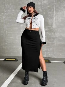 SHEIN ICON Váy Plus Size Nút Tách cao màu trơn Giải trí - màu đen - Xem 5