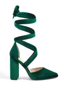 SheIn Belle Tie Leg Design Point Toe Chunky Heeled Velvet Strappy Pumps - Dark Green - View 1