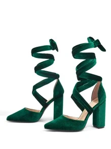 SheIn Belle Tie Leg Design Point Toe Chunky Heeled Velvet Strappy Pumps - Dark Green - View 2