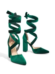 SheIn Belle Tie Leg Design Point Toe Chunky Heeled Velvet Strappy Pumps - Dark Green - View 3