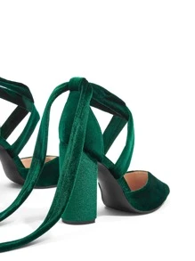 SheIn Belle Tie Leg Design Point Toe Chunky Heeled Velvet Strappy Pumps - Dark Green - View 4