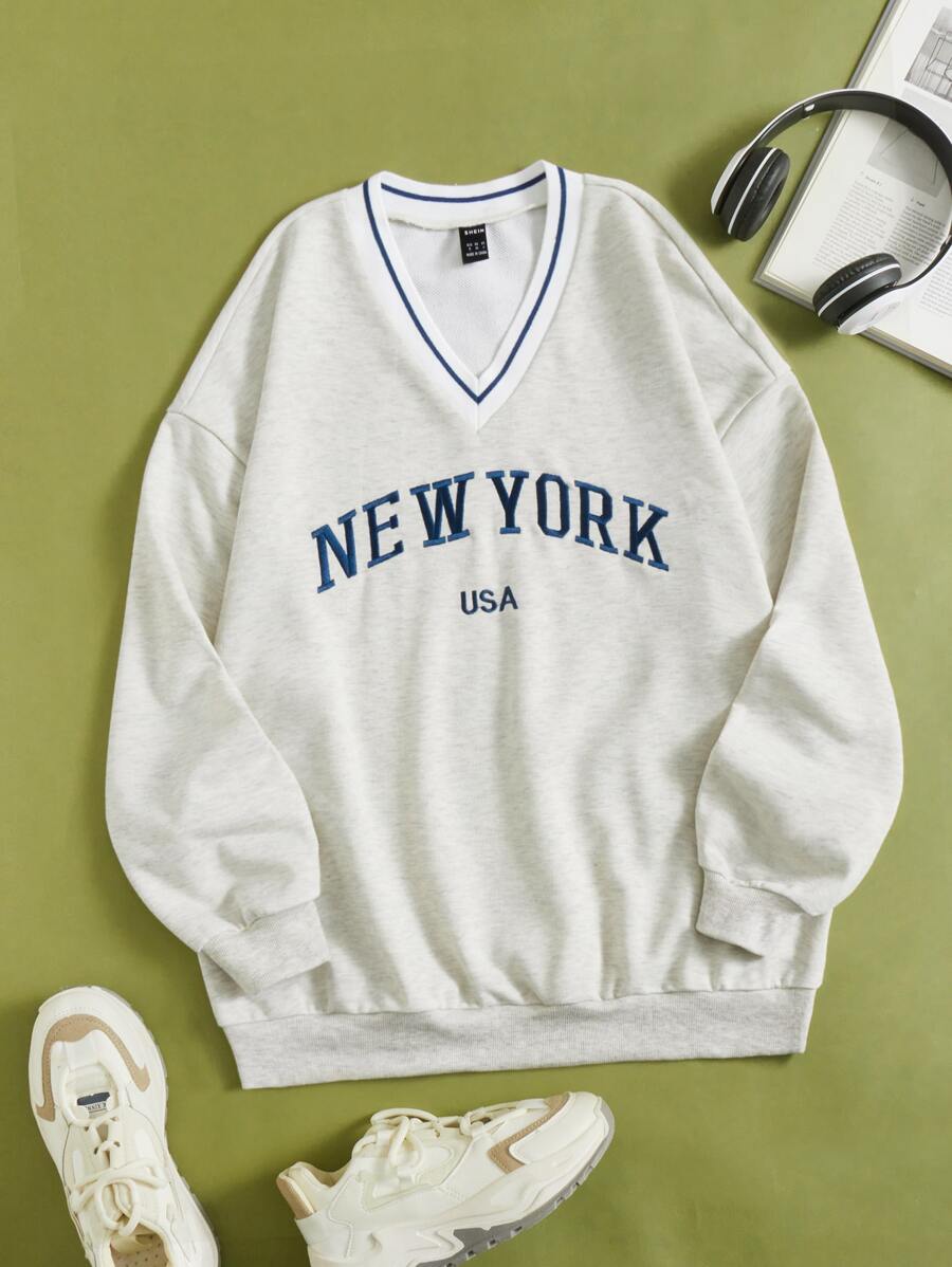 SHEIN EZwear Áo chui đầu họa tiết sọc, áo dài tay tốt nghiệp, trang phục trở lại trường, tốt nghiệp, trang phục giáo viên nữ, trở lại trường vào mùa thu/đông - Màu Xám nhạt - Xem 1