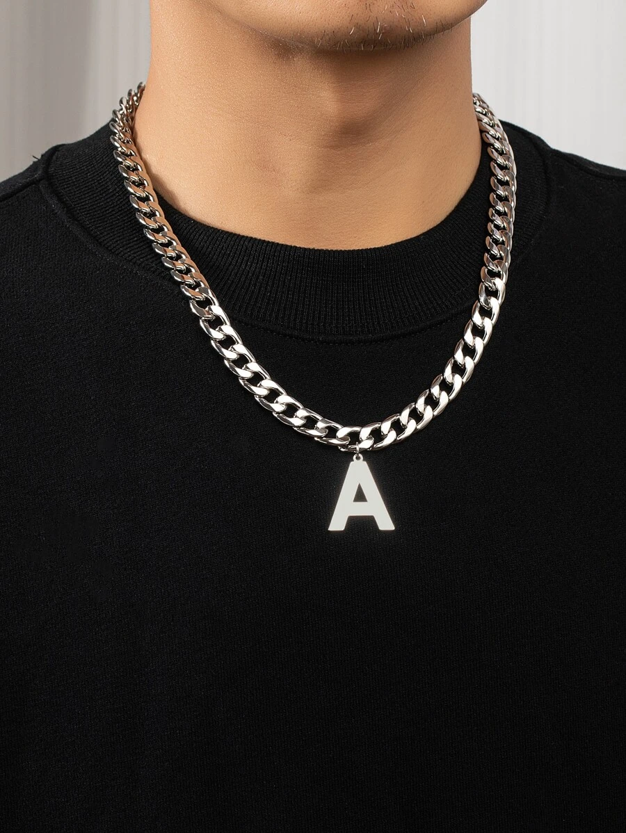 Men Letter Charm Necklace - Silver - View 1