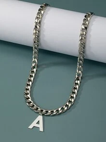 Men Letter Charm Necklace - Silver - View 2