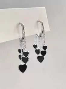 1 对时尚流苏心形耳环，韩式简约设计黑色心形耳环，百搭 - 銀色 - 查看 1