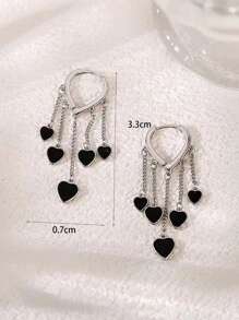 1 对时尚流苏心形耳环，韩式简约设计黑色心形耳环，百搭 - 銀色 - 查看 3