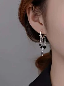 1 对时尚流苏心形耳环，韩式简约设计黑色心形耳环，百搭 - 銀色 - 查看 4