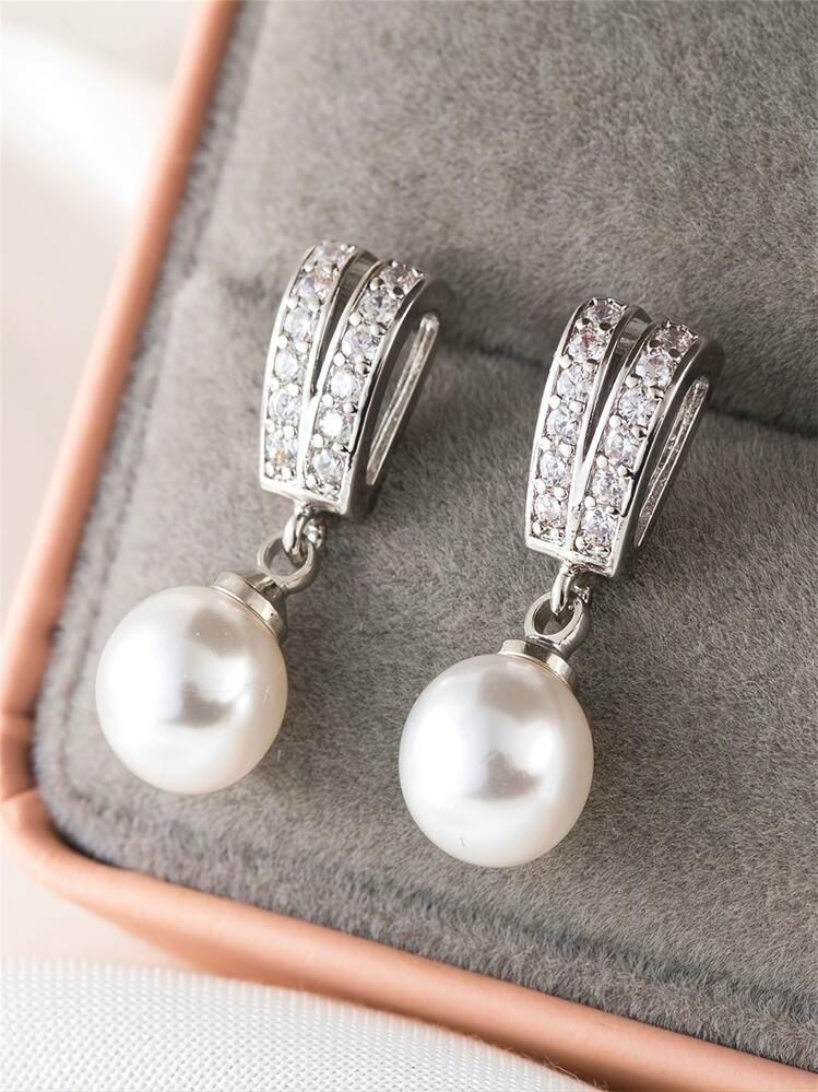 Cubic Zirconia Decor Faux Pearl Drop Earrings - Silver - View 1