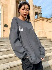 DAZY Slogan Graphic Drop Shoulder Tee - Grey - View 4