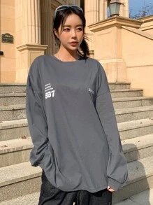 DAZY Slogan Graphic Drop Shoulder Tee - Grey - View 1