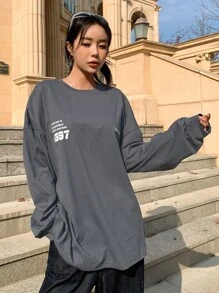 DAZY Slogan Graphic Drop Shoulder Tee - Grey - View 5