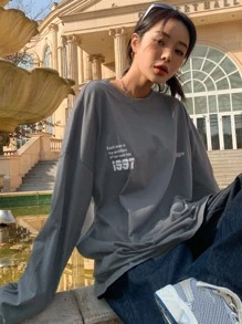 DAZY Slogan Graphic Drop Shoulder Tee - Grey - View 7