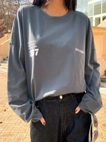 DAZY Slogan Graphic Drop Shoulder Tee - Grey - View 8