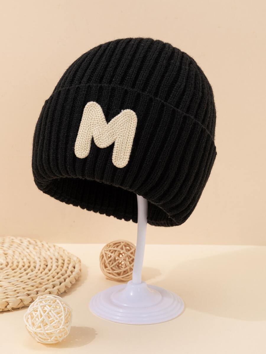 1入組彩色中性孩子們針織帽帶刺繡和M設計,冬天帽子 - 黑色 - 查看 1