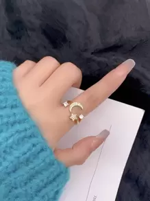 1pc Cubic Zirconia Moon & Star Decor Cuff Ring Copper Jewelry - Yellow Gold - View 1