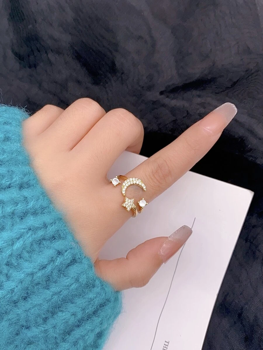 1pc Cubic Zirconia Moon & Star Decor Cuff Ring Copper Jewelry - Yellow Gold - View 1