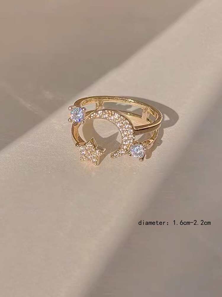 1pc Cubic Zirconia Moon & Star Decor Cuff Ring Copper Jewelry - Yellow Gold - View 3