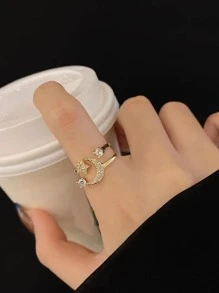 1pc Cubic Zirconia Moon & Star Decor Cuff Ring Copper Jewelry - Yellow Gold - View 4