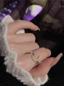 1pc Cubic Zirconia Moon & Star Decor Cuff Ring Copper Jewelry - Yellow Gold - View 5