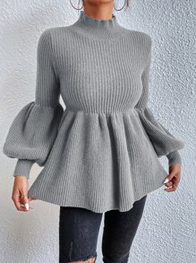 SHEIN Frenchy Mock Neck Lantern Sleeve Peplum Jumper - Dark Grey - View 1