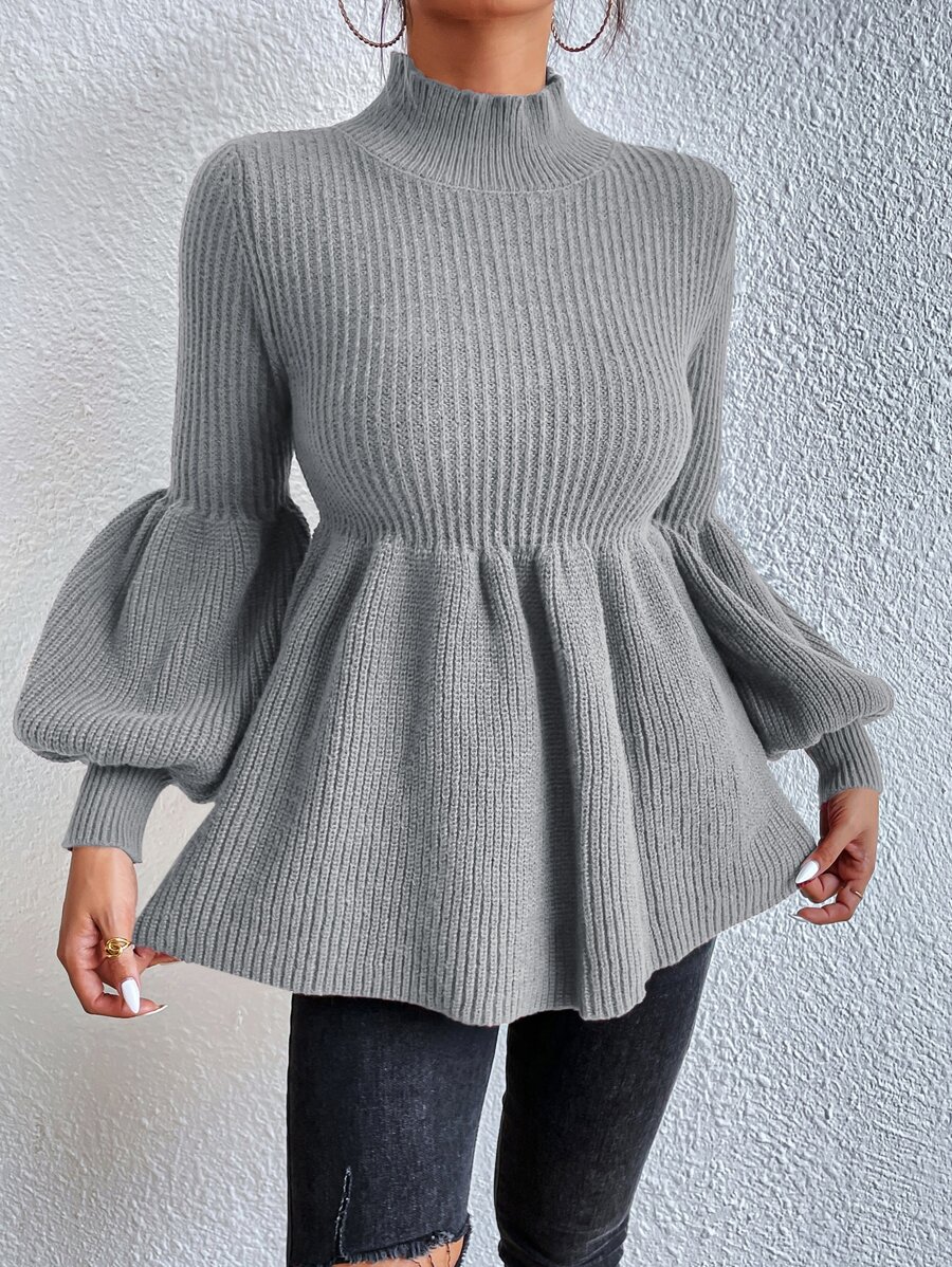 SHEIN Frenchy Mock Neck Lantern Sleeve Peplum Jumper - Dark Grey - View 1