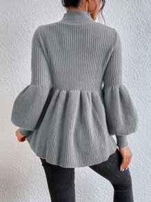 SHEIN Frenchy Mock Neck Lantern Sleeve Peplum Jumper - Dark Grey - View 2