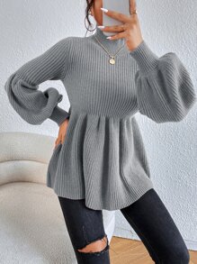 SHEIN Frenchy Mock Neck Lantern Sleeve Peplum Jumper - Dark Grey - View 3