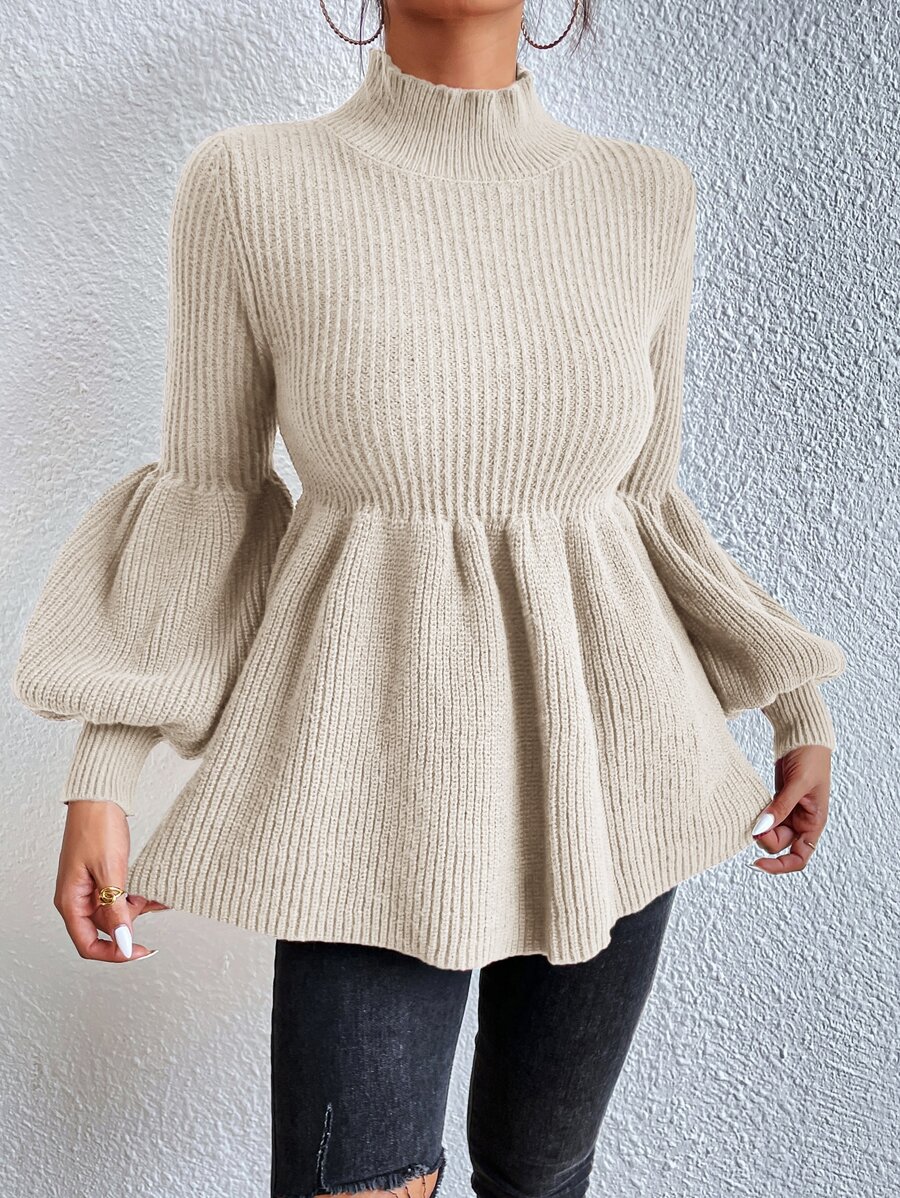SHEIN Frenchy Mock Neck Lantern Sleeve Peplum Jumper - Apricot - View 1