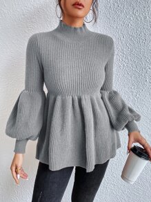SHEIN Frenchy Mock Neck Lantern Sleeve Peplum Jumper - Dark Grey - View 4