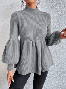 SHEIN Frenchy Mock Neck Lantern Sleeve Peplum Jumper - Dark Grey - View 5