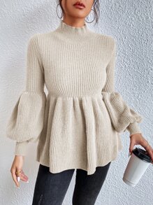 SHEIN Frenchy Mock Neck Lantern Sleeve Peplum Jumper - Apricot - View 3
