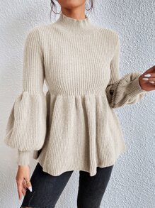 SHEIN Frenchy Mock Neck Lantern Sleeve Peplum Jumper - Apricot - View 5